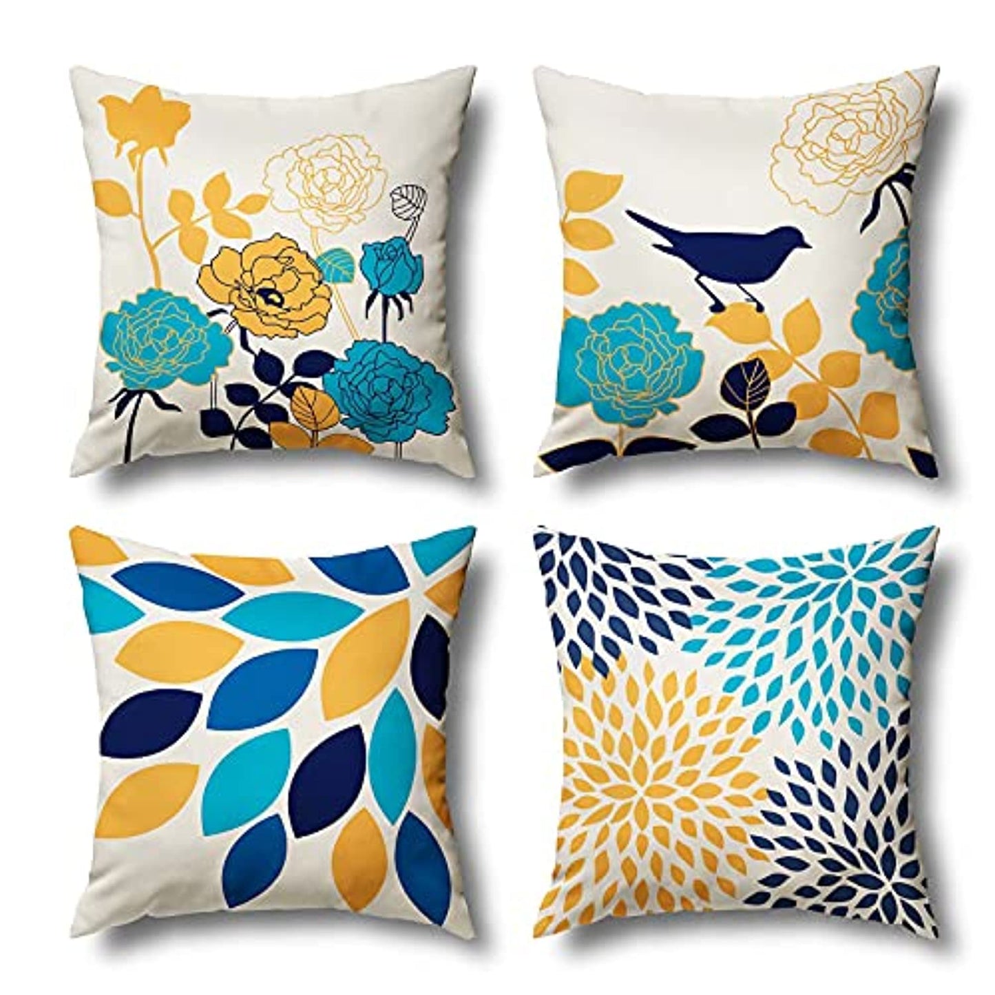 Decorative Pillow Covers 18x18 Flower Blue Yellow Bird Pattern