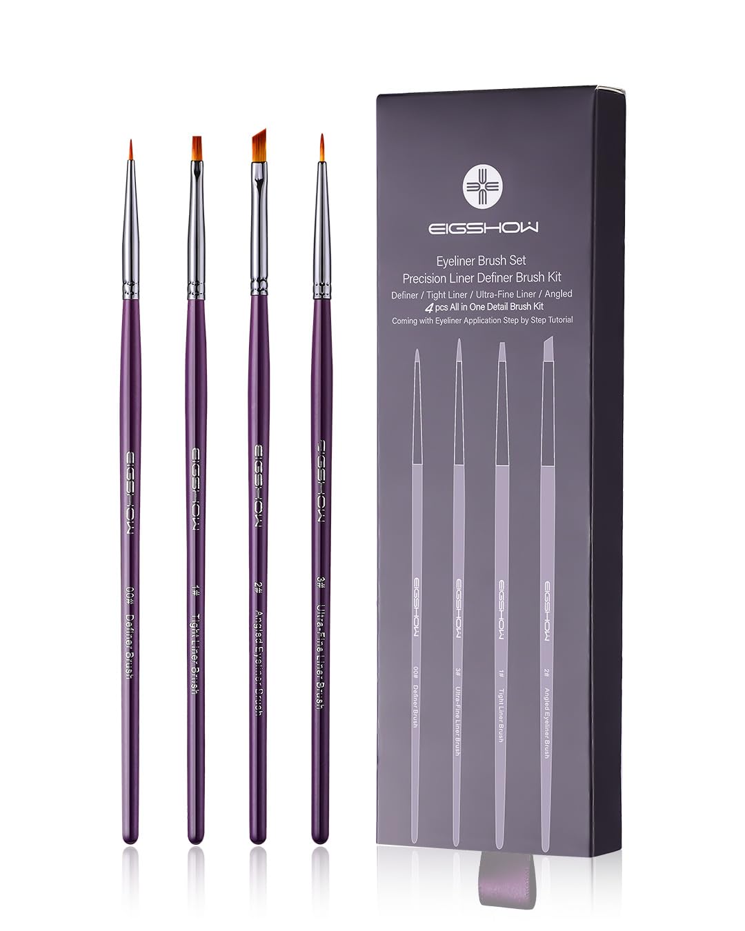Eyeliner Brush Set (Purple) Angled Liner Brush, Tight Liner Brush, Definer Brush, Ultra-Fine Liner Brush Kit for Detailed Precision Eyeliner, Eyebrow