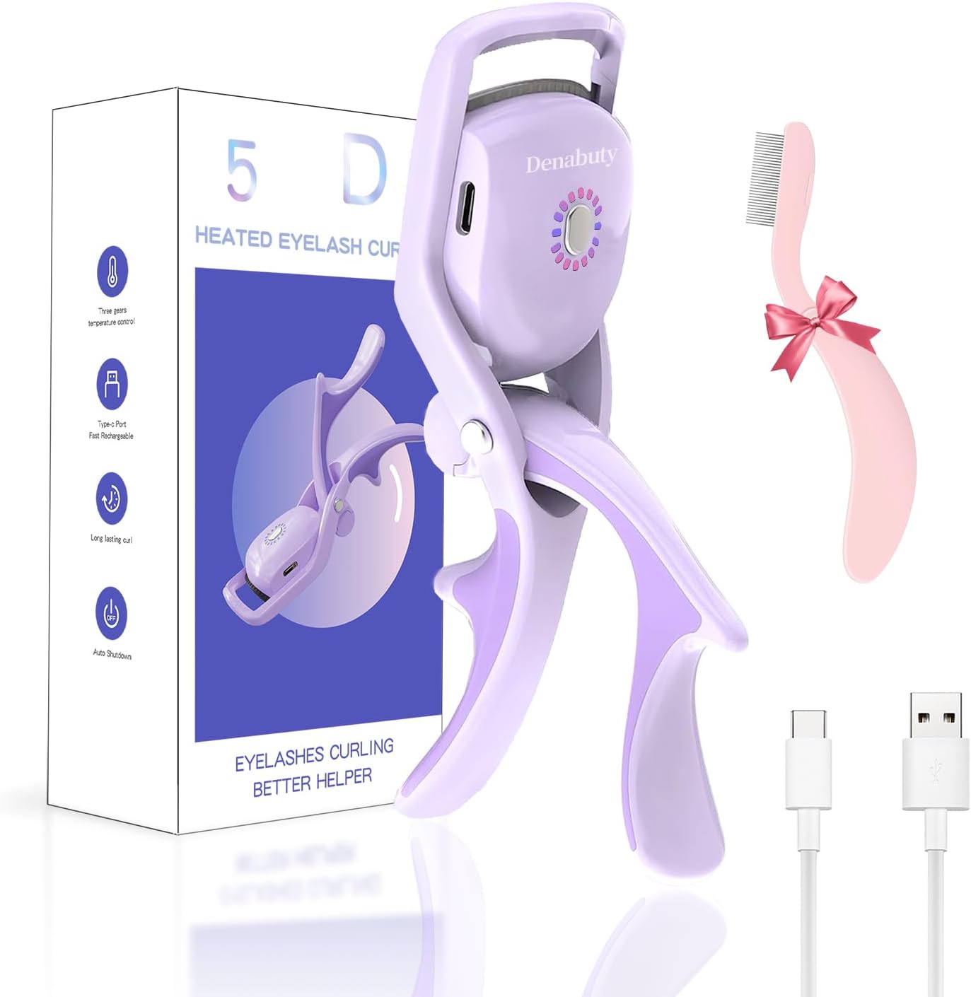 Heated Eyelash Curler, Denabuty Electric Eyelash Curlers with Comb Rechargeable with 3 Modes and Sensing Heating Silicone for Long Lasting Curls Naturally Eyelashes Portable Professional Violet