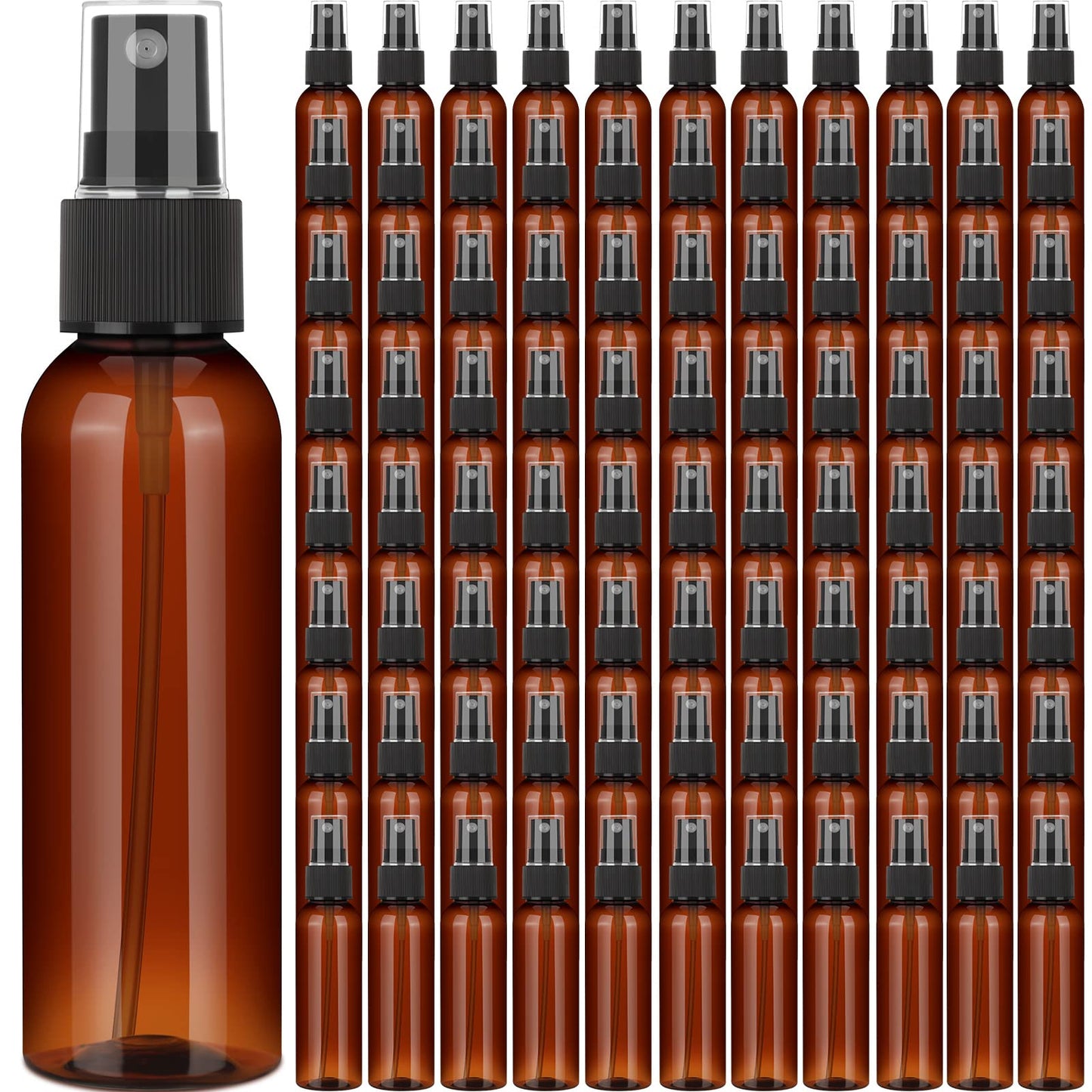 Nuogo 90 Pack Plastic Spray Bottles 4 Oz Reusable Mini Perfume Refillable Bottle Travel Size Mist Bottle Sprayer Empty Bottle for Essential Oil (Amber)