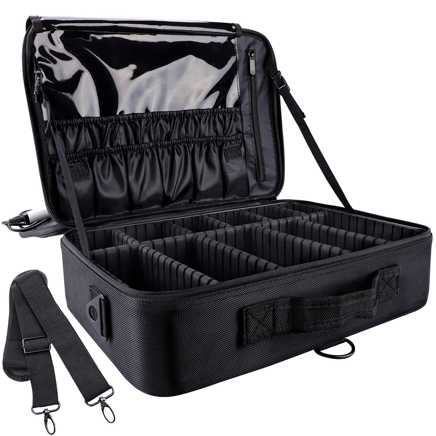 gzcz Travel Makeup Train Case Professional Makeup Case 16" Large Capacity Cosmetic Case Make up Brush Organizer Portable Artist Storage Bag with Adjustable Dividers and shoulder strap Black