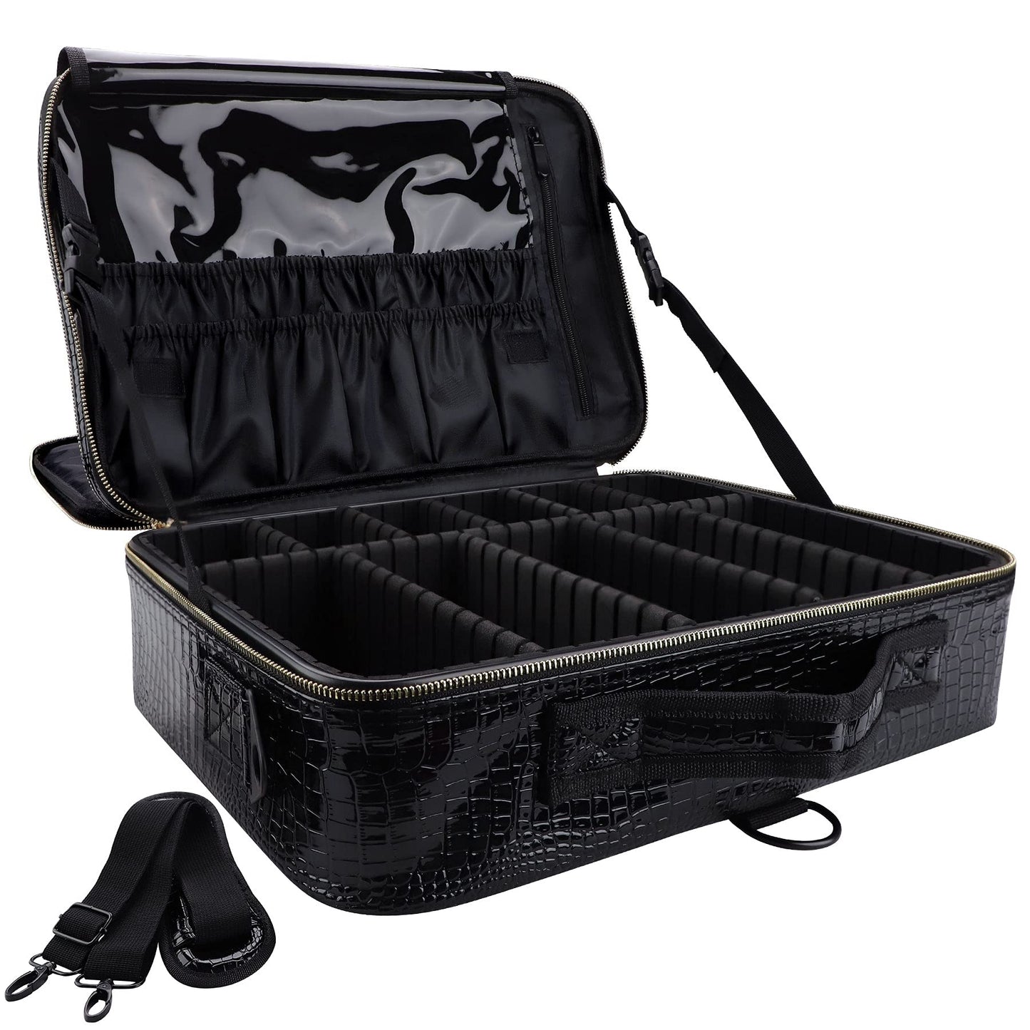 Oewoer PU Leather Professional Makeup Case 16 Inches Large Travel Makeup Bag Organizer with Shoulder Strap(L-Black Crocodile)