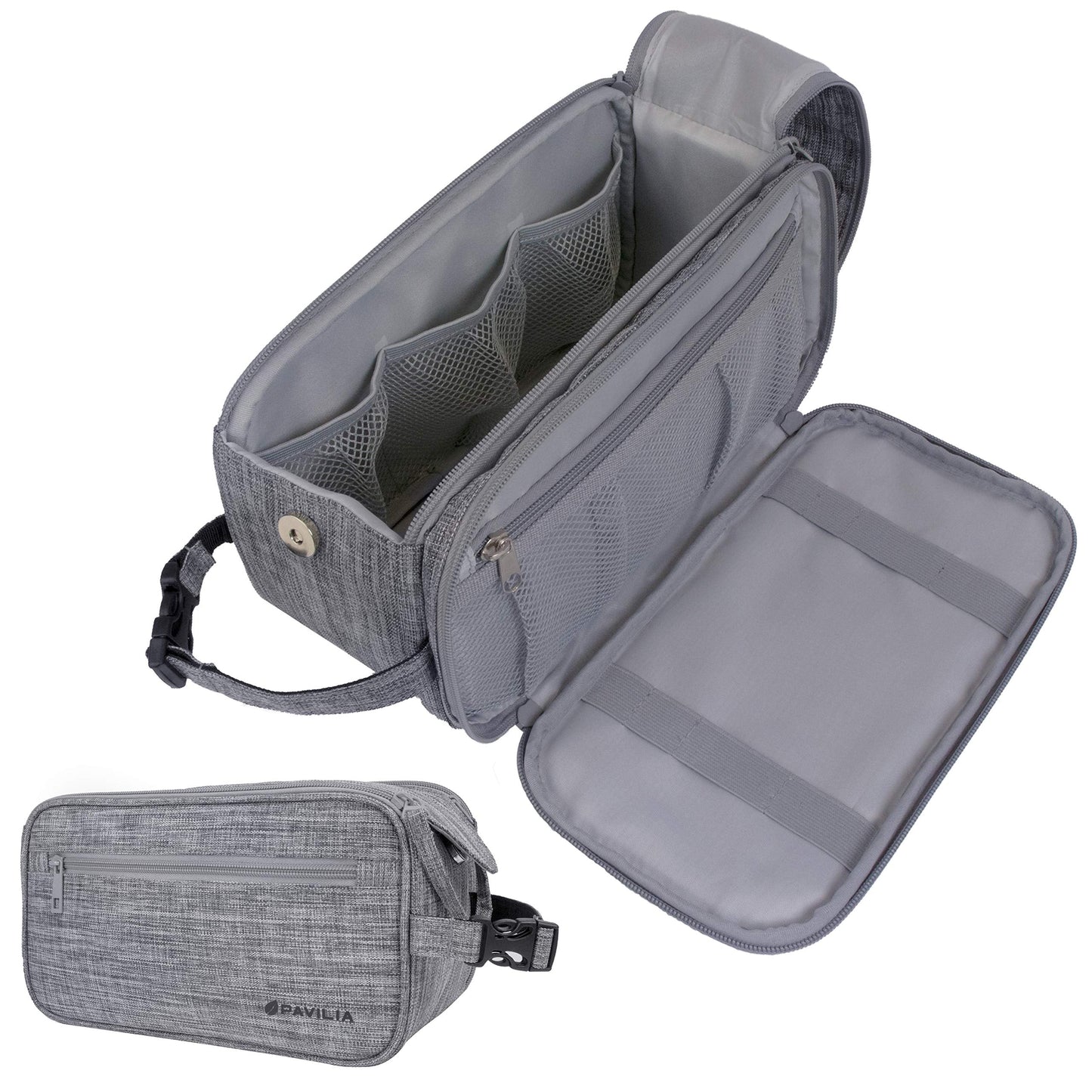 PAVILIA Toiletry Bag for Men, Travel Essentials Shaving Dopp Kit, Mens Travel Bag Toiletries Organizer Case for Grooming, PU Leather Water Resistant Cosmetic Bag Pouch (Heather Grey)