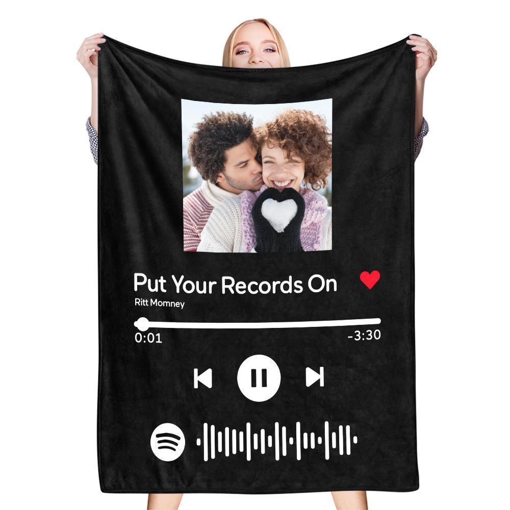 Scannable Spotify Code Photo Engraved White Blanket Warm Thicken Blanket Optional Thickness Cozy Winter Warm Gifts for Couple