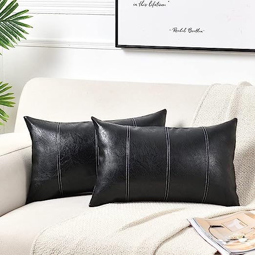 2 Packs Brown Boho Lumbar Faux Leather Decorative Throw Pillow Covers 12x20 Inch