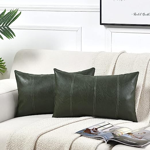 2 Packs Brown Boho Lumbar Faux Leather Decorative Throw Pillow Covers 12x20 Inch