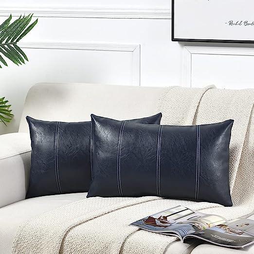 2 Packs Brown Boho Lumbar Faux Leather Decorative Throw Pillow Covers 12x20 Inch