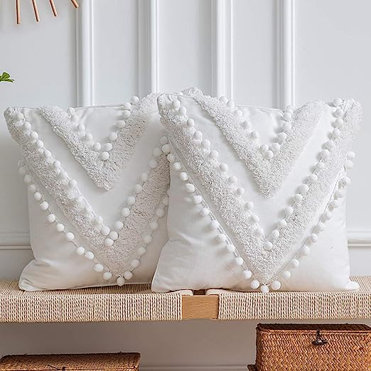 Boho Throw Pillow Covers: 2 Pack 100% Cotton Woven Tufted Decorative Square Pillowcases