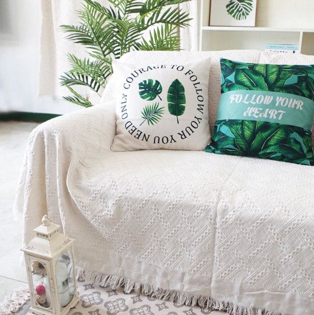 Pure Knitted Cotton Sofa Blanket With Tassel
