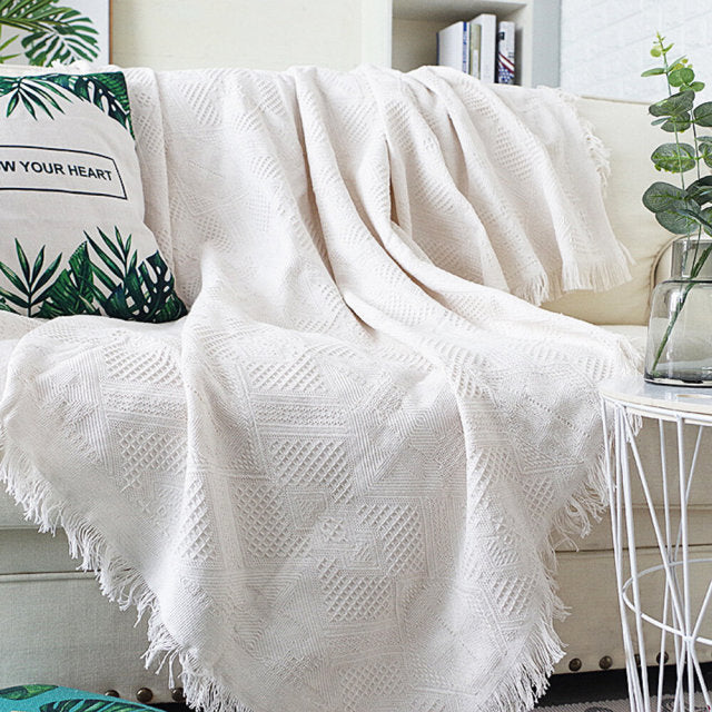 Pure Knitted Cotton Sofa Blanket With Tassel