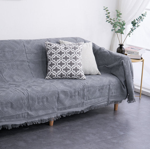 Pure Knitted Cotton Sofa Blanket With Tassel