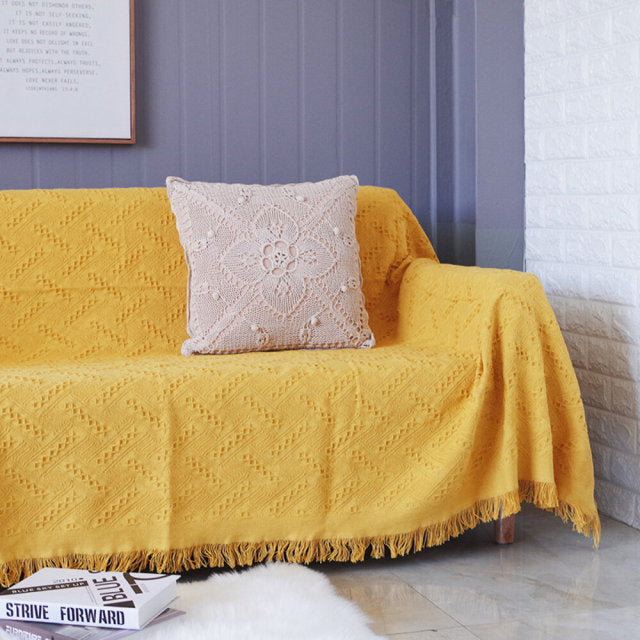 Pure Knitted Cotton Sofa Blanket With Tassel