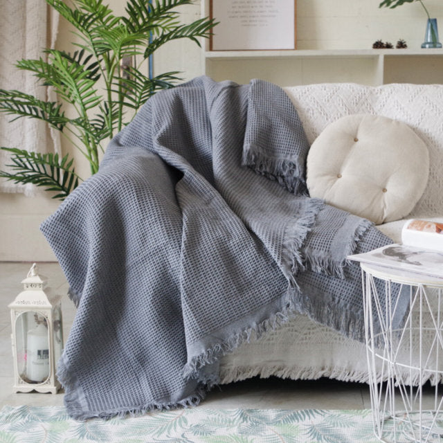 Pure Knitted Cotton Sofa Blanket With Tassel