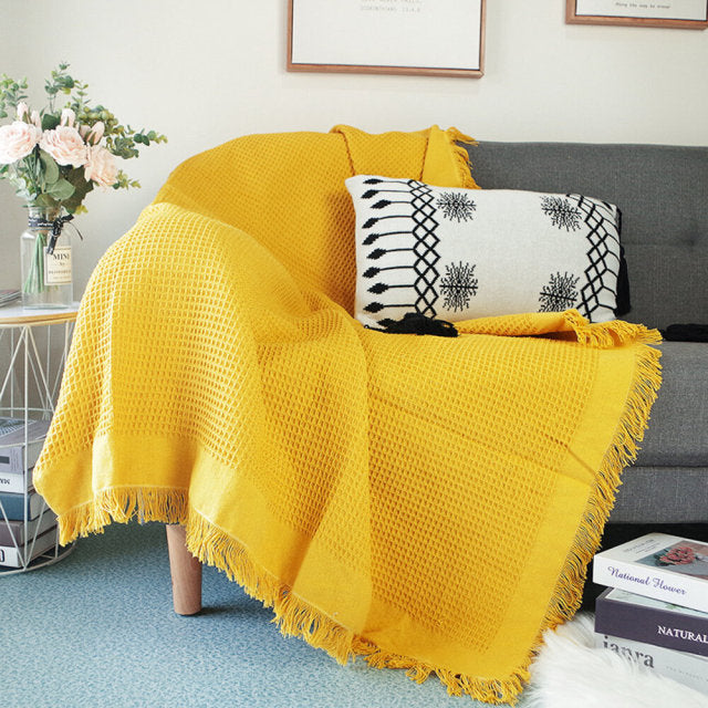 Pure Knitted Cotton Sofa Blanket With Tassel