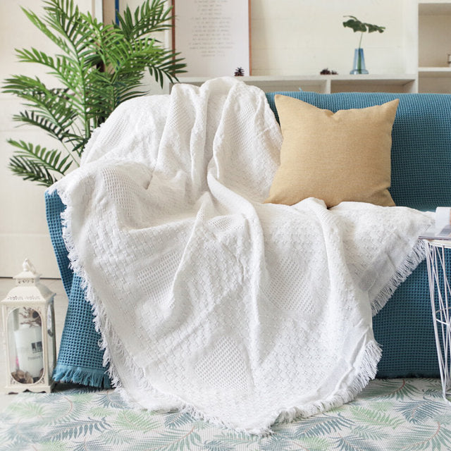 Pure Knitted Cotton Sofa Blanket With Tassel