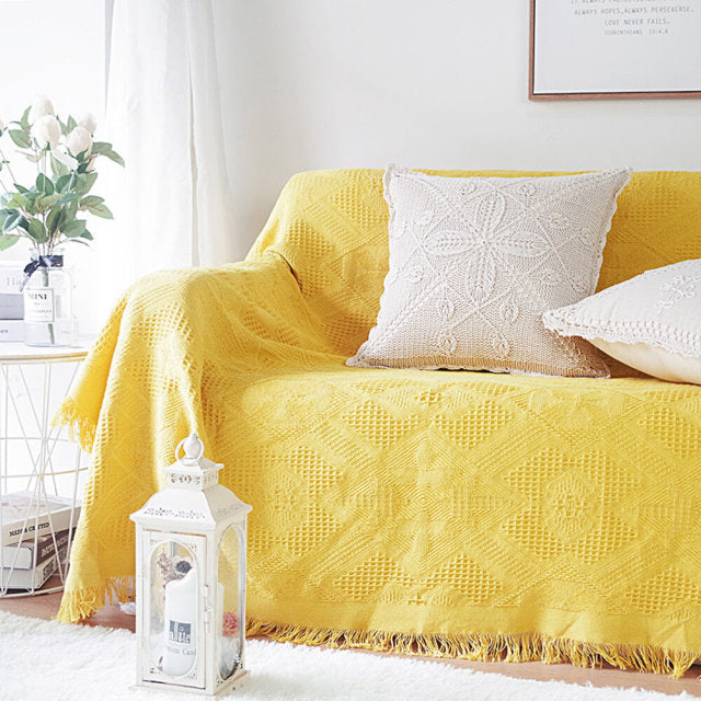 Pure Knitted Cotton Sofa Blanket With Tassel