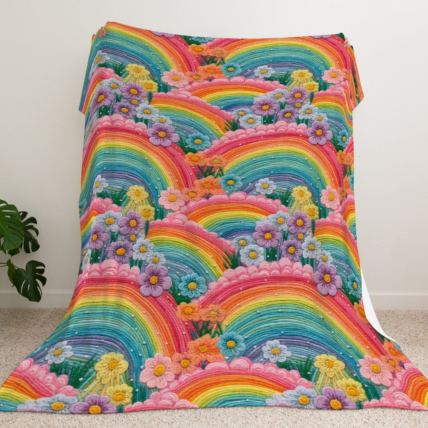 Rainbow Flowers Fleece Blanket