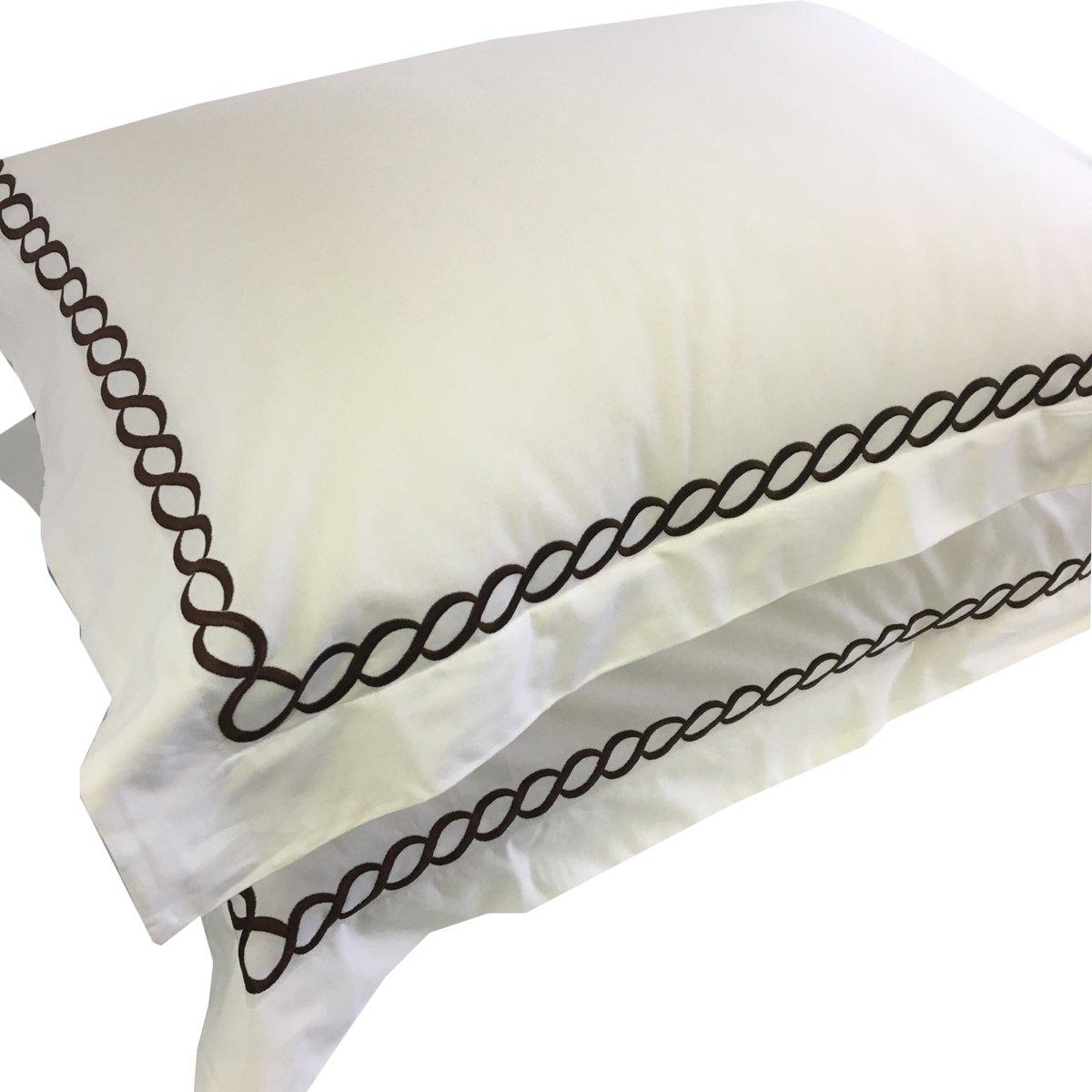 Embroidered Duvet Cover Set - Amy-Royal Tradition-Twin/Twin XL (3PC)-White / Chocolate Embroiderey-Egyptian Linens