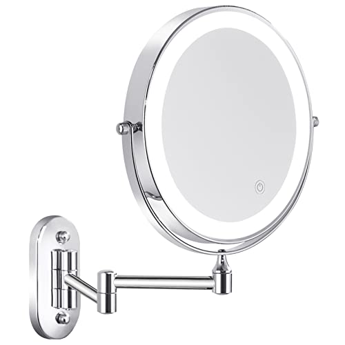 Nicesail LED Lighted Wall Makeup Mirror of 8-Inch, 1X/7X-Magnification with Touch Switch, Adjustable Brightness, Rechargeable Battery(Included), Double Sided Mirror in Chrome Finish (8in,7X)