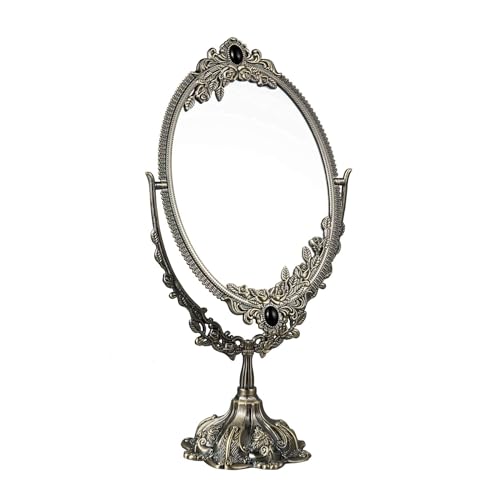 Feyarl 15Inch Metal Vintage Makeup Mirror Tabletop Oval Cosmetic Vanity Mirror Stand Double Sided Swivel Mirror with Embossed Frame Base Decorative Elegant Mirror for Bathroom Bedroom Dresser Tabletop