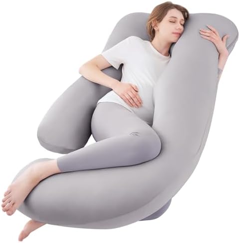 Sasttie Pregnancy Pillows for Sleeping, U Shaped Body Pillow Pregnancy Must Haves, Maternity Pillow for Pregnant Women, 59'' Full Pregnant Pillow with Removable Cover for Side Sleeper, Light Grey