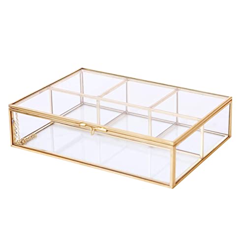Golden Vintage Glass Box Clear Glass & Brass Metal Storage Jewelry and Cosmetic Makeup Case Holder Organizer Beauty Treasure Display, 4 Compartment
