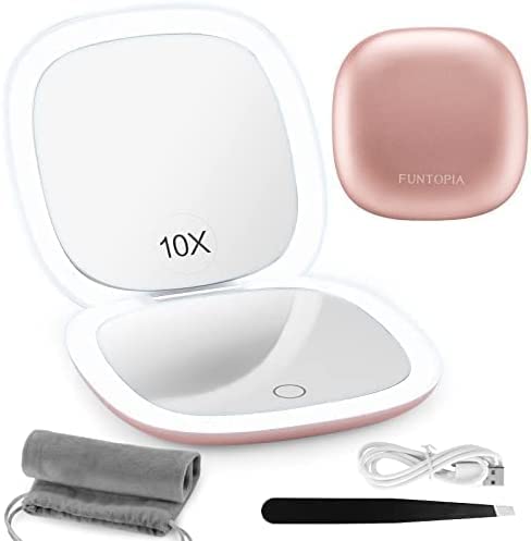 Funtopia Compact Mirror, 1X/10X Magnifying Mirror with LED Lights, 3 Colors & 2-Sided Brightness Dimmable, Portable 4 Inch Rechargeable Mirror for Travel and Purse, Touch Screen (Rose Gold)