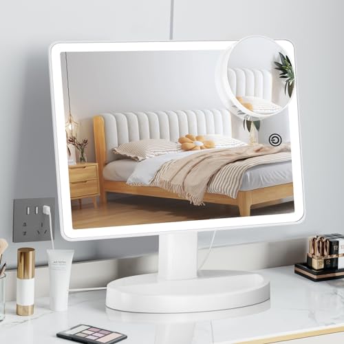 FUNTOUCH Large Lighted Vanity Makeup Mirror with Light (X-Large)- 3 Color Lighted Up Mirror with 88 LED, 360° Rotation Touch Screen, 10X Magnification Tabletop Cosmetic Mirror