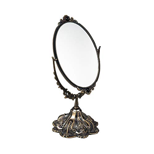Feyarl 11.2 inch Metal Vintage Makeup Mirror Floral Tabletop Oval Vanity Swivel Double Sided Mirror with Stand Elegant Decorative for Dressing Room Bedroom (Bronze)