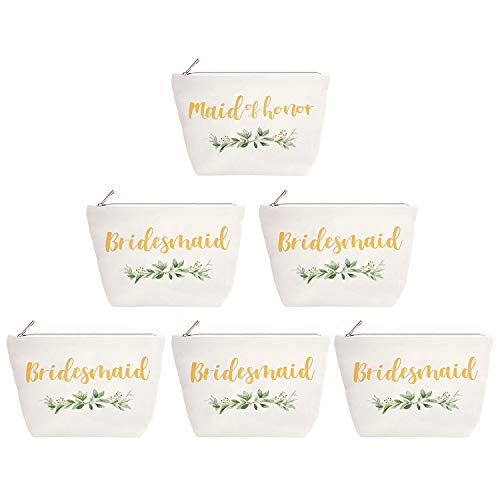 ELEGANTPARK Bridesmaid Gifts Set of 6 Maid of Honor Gift Bridesmaid Makeup Bag Wedding Party Cosmetic Bag Bridal Shower Gifts Canvas Gold Script