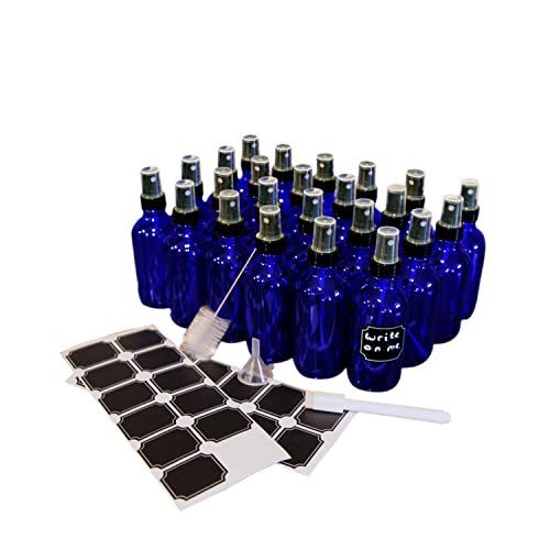 Nevlers 24 Pack Blue 4 Oz Glass Spray Bottle | The Blue Misting Glass Bottles Includes Sprayers & a Funnel and Brush with Bonus Labels to Easily Identify its Contents