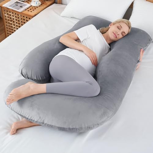 Sasttie Pregnancy Pillows for Sleeping, U Shaped Full Body Pillow for Side Sleeper, Maternity Pillow for Pregnant Women, 59'' Pregnant Pillow with Removable Velvet Cover, Cold Grey