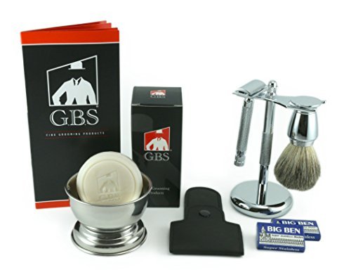 G.B.S Complete Men’s Shaving Kit- Razor, Razor Case, Razor Blades, Shaving Brush, Shaving Razor, and Brush Stand, No. 84 Cologne, Aftershave Balm, Chrome Bowl, Natural Shaving Soap, Alum with Case