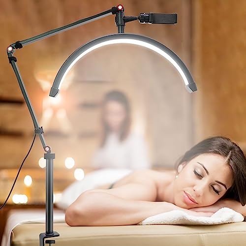 Ganggend Professional Lash Light for Eyelash Extensions, Half Moon Lamp with Phone Holder, Adjustable Height Brightness, Color Temperature(3000k-6000k), Floor Lamp for Makeup, Nail, Tattoo (Black)