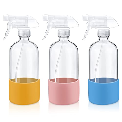 Glass Spray Bottles for Cleaning Solutions - 16 oz Clear Reusable Spray Bottles with Silicone Sleeve Protection for Misting Plants Hair Styling - 3 Pack