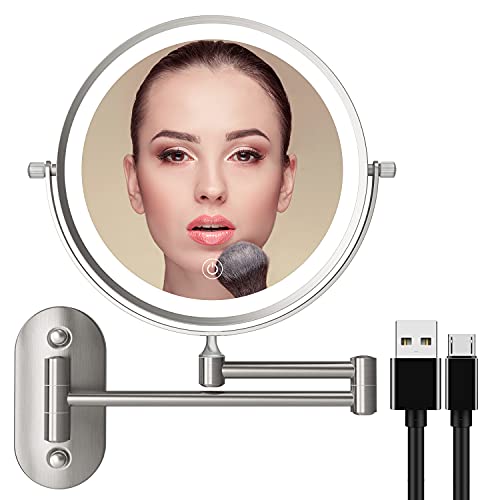 Erealmirror Rechargeable LED Lighted Makeup Mirror Wall Mounted Double Sided 10X Magnifying Bathroom Mirror with 3 Color Lights Dimming 360 Degree Rotation, Extension Arm, Brushed Nickel