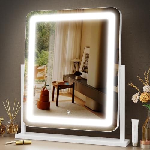 Gvnkvn Makeup Vanity Mirror with Lights - 15.2" Large LED Lighted Mirror, Hollywood Make Up Mirror with Lighting for Bedroom Tabletop, Smart Touch, 360° Rotation, (White)