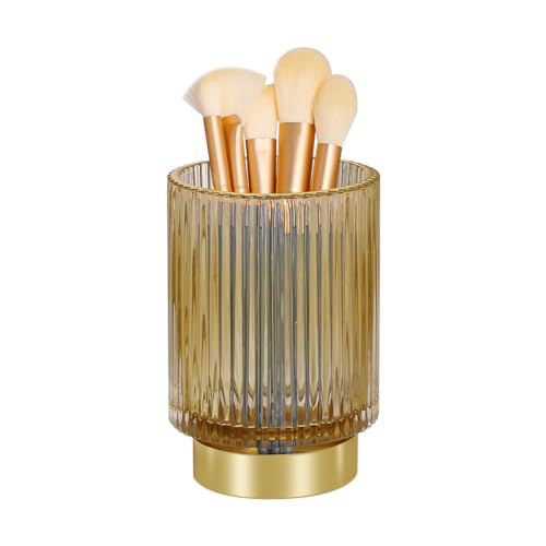 Fvstar Makeup Brush Holder,Bathroom Gold Toothbrush Holder,Glass Makeup Organizer,Cute Desk Pen Holder,Vintage Makeup Brushes Organizer Cup for Vanity,Countertop (Large Amber)