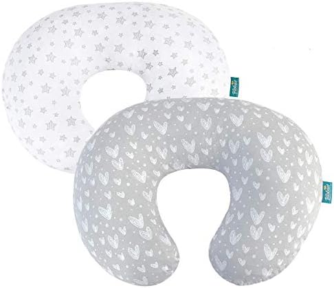 Nursing Pillow Cover 2 Pack Compatible with Boppy Pillow, 100% Jersey Cotton with Large Zipper Super Soft & Breathable & Skin Friendly for Moms/Baby, Grey & White