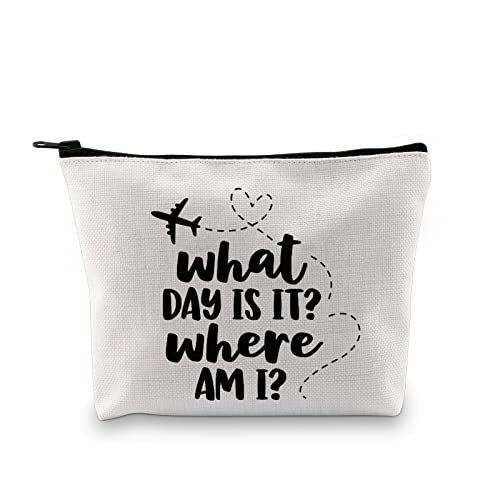 G2TUP Flight Attendant Gift What Day Is It Where Am I Makeup Bag Stewardess Aviation Cosmetic Bag Travel Bag for Stewardess Flight Crew (What Day Is It Where Am I White Bag)