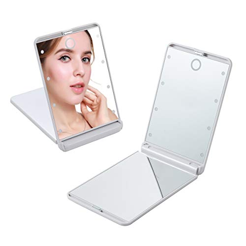 Feruaro Travel Mirror, Portable LED Lighted Makeup Mirror with 8 Dimmable Led Lights, Touch Switch Travel Makeup Mirror, Folding Compact Mirror 1X & 2X Magnification (White)