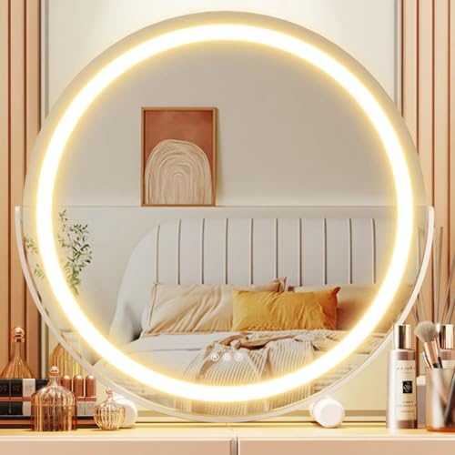 Gvnkvn 18" Vanity Mirror with Lights, LED Makeup Mirror, Large Round Mirror Lighted Makeup Mirror with Lights, Smart Touch Control 3 Colors Dimmable Mirror 360°Rotation White