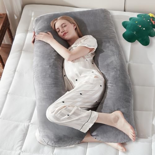 DOWNCOOL Pregnancy Pillow, U Shaped Body Pillow, Memory Foam Maternity Pillow, 55 Inch Grey Pillow with Removable Cover for Sleeping,Support for Back, HIPS, Legs, Belly