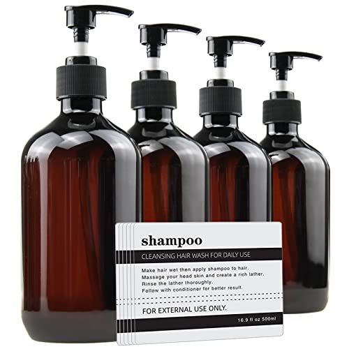 Foochy Empty Plastic Bottles with Pump Dispenser and 6pcs Labels Included, Refillable Travel Containers for Hand sanitizer Shampoo Lotion, etc - BPA/Paraben Free, 500ml/16.9oz (4 Pack)
