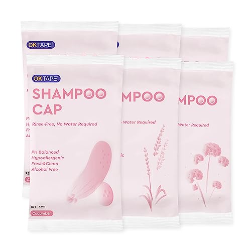 OK TAPE No Water Shampoo Caps (6 Pack) | Cucumber, Lavender, Verbenae (3 Fragrances) | Rinse Free Shampoo and Conditioning Shower Cap | Waterless Microwavable Hospital Caps