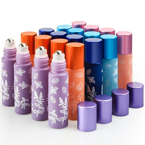 Cositina 20 Pack Essential Oil Roller Bottles,10ml Glass Roll on Bottle with Stainless Steel Roller Balls,Metal Aluminum Lid,Empty Sample Roller Vial for Essential Oils-Opener,Dropper Included