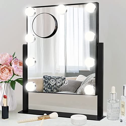 Fabuday Hollywood Vanity Makeup Mirror with Lights Lighted Desk Mirror with 9 Dimmable LED Bulbs, Cosmetic Light Up Mirror for Tabletop, 3 Color Lighting, Detachable 10x Magnifying Mirror