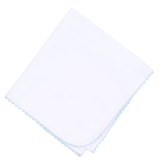 Baby Joy Receiving Blanket with Light Blue Crochet Trim