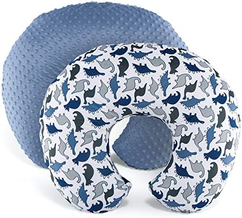 The Peanutshell Nursing Pillow Cover Set for Baby Boys or Girls | Dinosaur & Navy Blue Minky Dot | Unisex 2 Pack