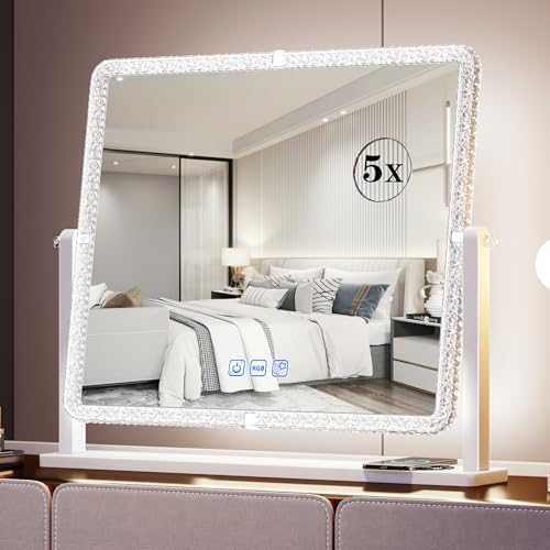 FREDEES Vanity Makeup Mirror with LED Lights: Hollywood Vanity Mirror with 7 Colors Dimmable Light/Smart Touch/Charging Station/ 5X Magnification Mirror for Girls Women